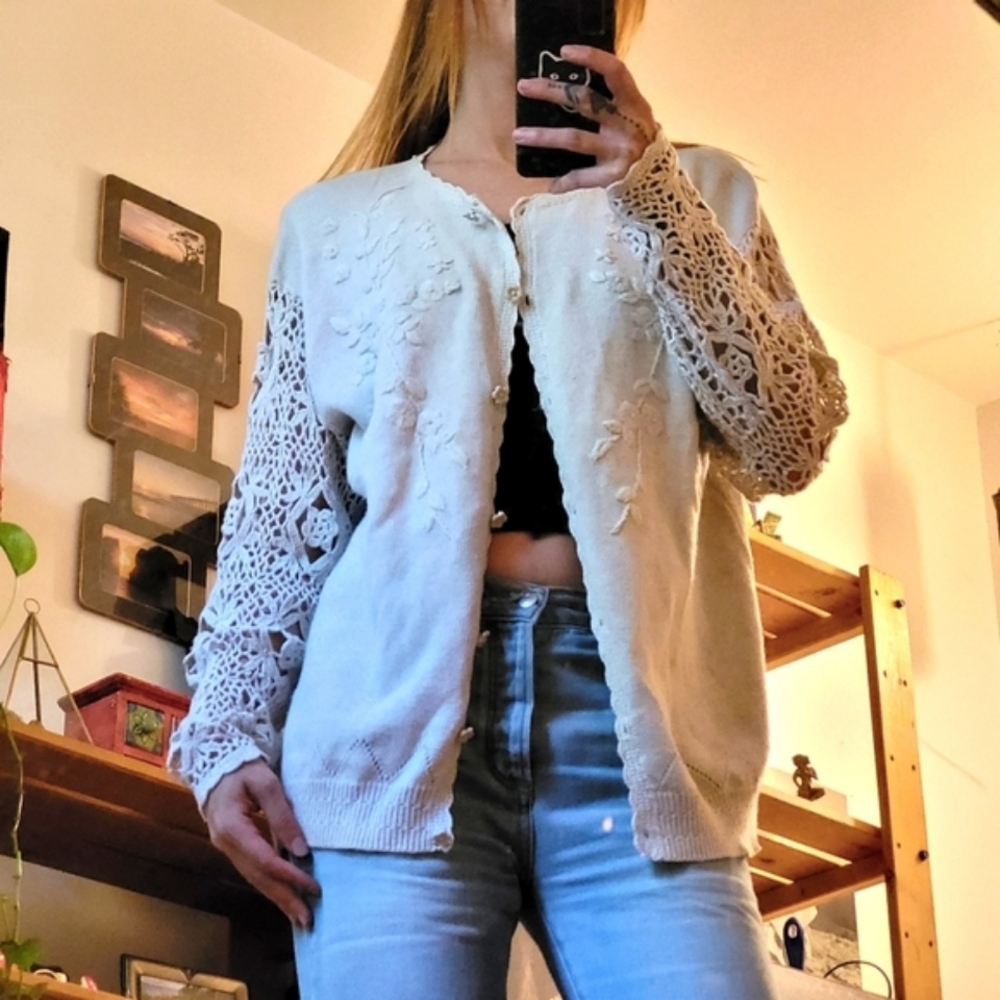 Vintage Transit Romantique Creamy Floral Knitted Cardigan - M